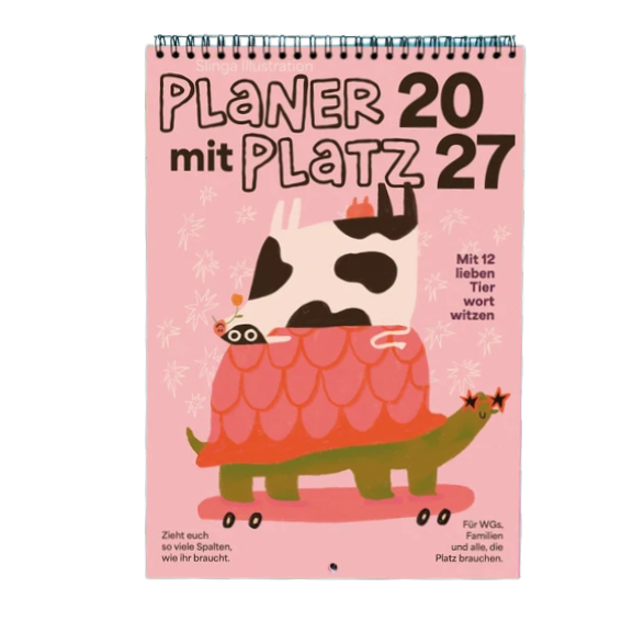 Familienplaner mit lustigen Sprüchen und Illustrationen. 