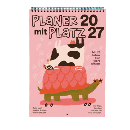 Familienplaner mit lustigen Sprüchen und Illustrationen. 