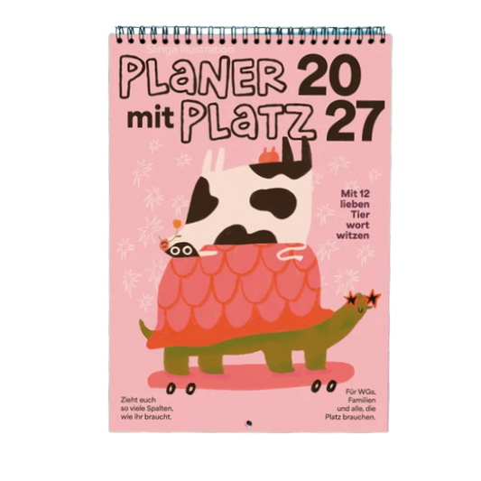 Familienplaner mit lustigen Sprüchen und Illustrationen. 