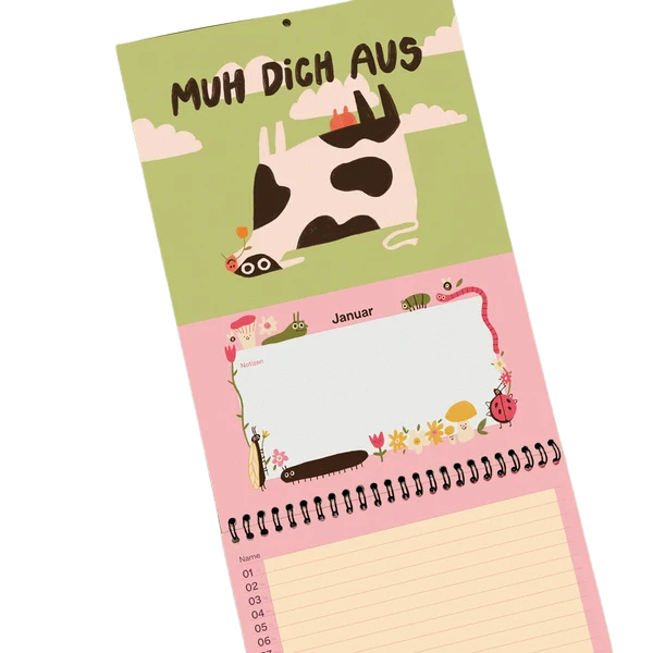 Familienplaner mit lustigen Sprüchen und Illustrationen. Eine liegende Kuh - Muh dich aus!