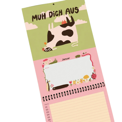 Familienplaner mit lustigen Sprüchen und Illustrationen. Eine liegende Kuh - Muh dich aus!