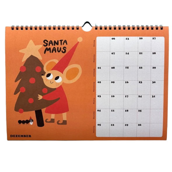 Jahreskalender 2027 mit lustigen Illustrationen und Sprüchen. Eine Maus umarmt einen Weihnachtsbaum. Santa Maus!