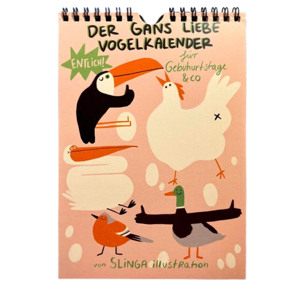 Geburtstagskalender mit lustigen Illustrationen und Sprüchen. 