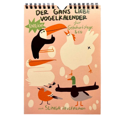 Geburtstagskalender mit lustigen Illustrationen und Sprüchen. 