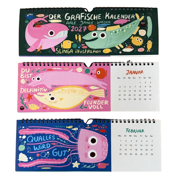 Drei Seiten aus einem Tischkalender mit lustigen Fisch-Illustrationen und Sprüchen. Qualles wird gut!