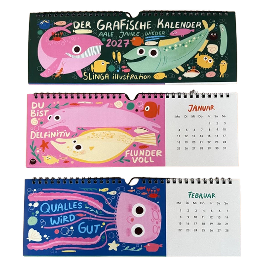 Drei Seiten aus einem Tischkalender mit lustigen Fisch-Illustrationen und Sprüchen. Qualles wird gut!