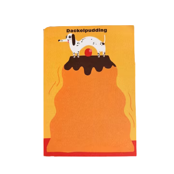 Ein Notizblock mit einem riesigen Wackelpudding und einem Dackel oben drauf - Dackelpudding