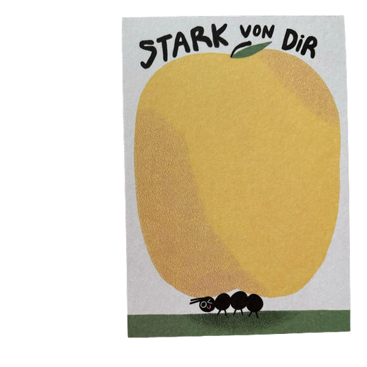 Strak von Dir Notizblock mit einem großen gelben Apfel zum Beschriften und einer kleinen Armeise darunter. 