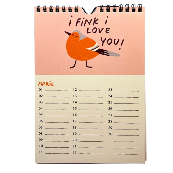 Geburtstagskalender mit lustigen Illustrationen und Sprüchen. Ein Fink - i fink i love you.