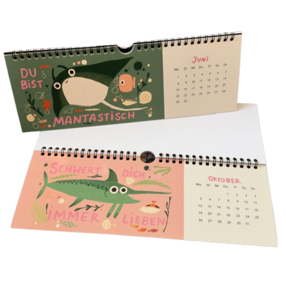 Bunter und lustiger Tischkalender 2026 mit gezeichneten Unterwassertieren und witzigen Sprüchen.