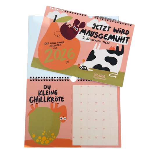 Bunter Wandkalender mit lustig illustrierten Tiermotiven zum mausruhen und ausmuhen.