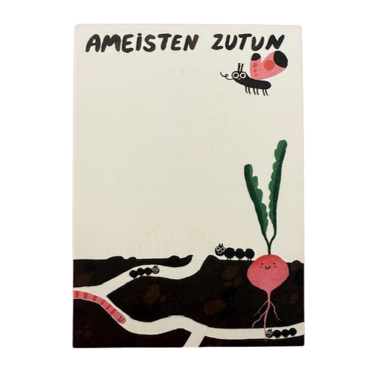 Notizblock mit Ameisen und einem Radischen. Text dazu, ameisten zu tun.
