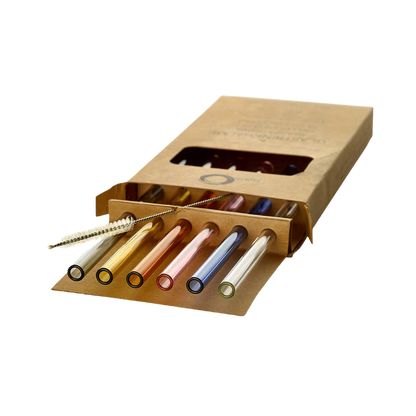 sechs farbige glastrinkhalme mit einer reinigungsbürste in einer Kartonverpackung