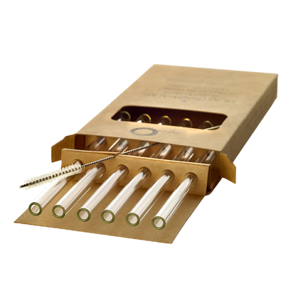 sechs klare Glastrinkhalme mit einer Reinigungsbürste in einer Kartonverpackung