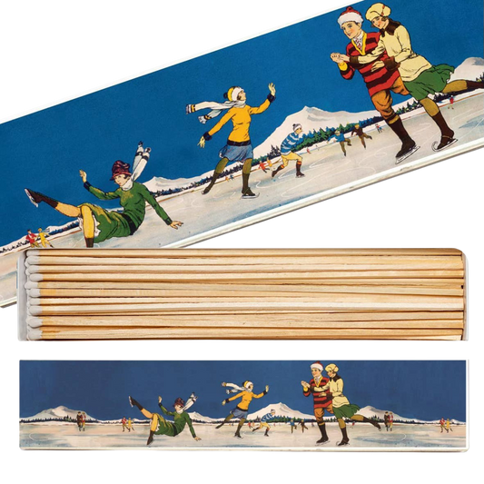 Lange blaue Streichholzschachtel im Vintage Look mit Schlittschuhläufern. 