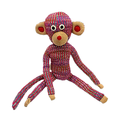 Kuscheltier Affe mit einem langen Schwanu und großen Ohren aus gestrickter rot-beiger Baumwolle 