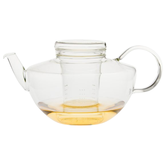 Teekanne aus Glas mit Sieb im Bauhaus Stil.