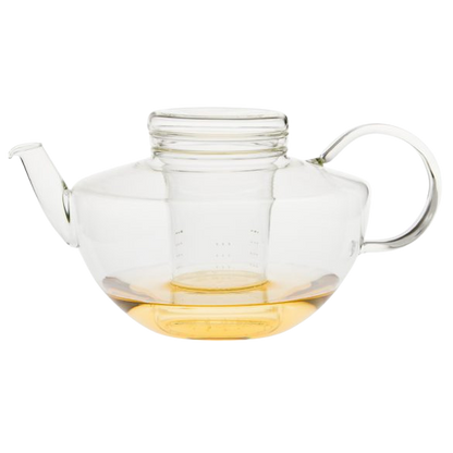 Teekanne aus Glas mit Sieb im Bauhaus Stil.
