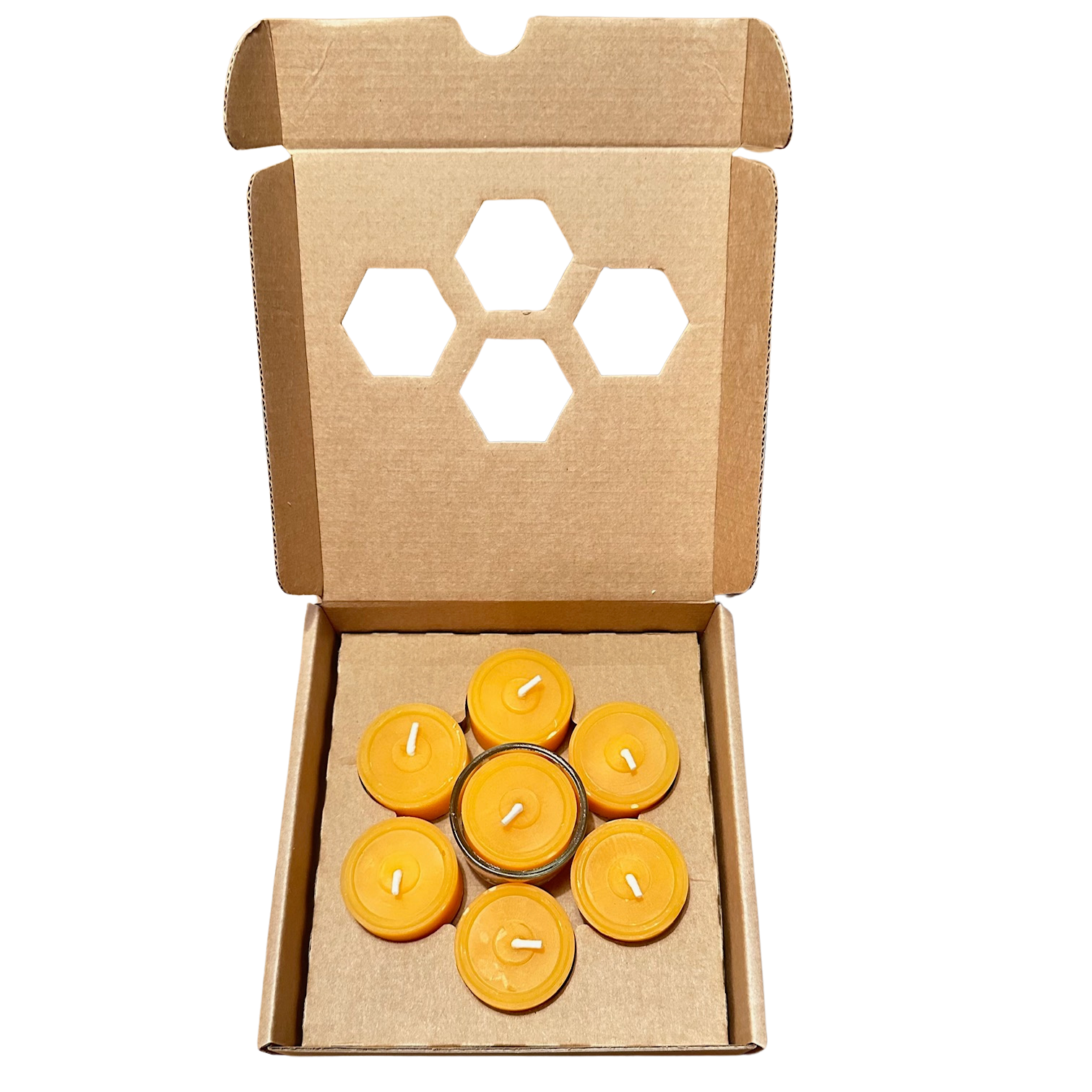 Teelicht Set aus Bienenwachs mit Teelichthalter aus Glas und sechs Teelichtern aus Bienenwachs