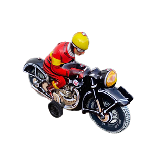 schwarzes Motorrad aus Blech mit Motorradfahrer im roten Anzug und gelben Helm
