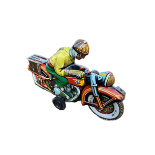 rotes Motorrad aus Blech mit Motorradfahrer in gelber jacke und braunen Helm