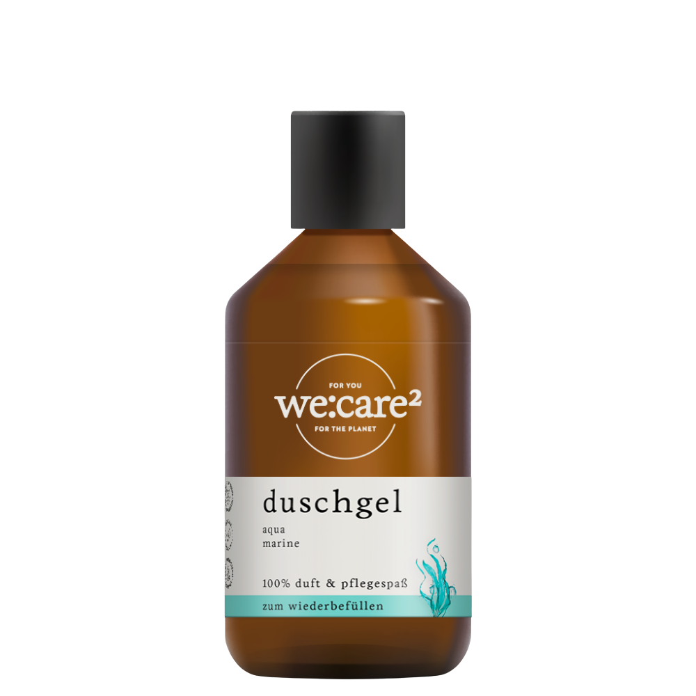 Duschgel Aqua Marine in einer braunen Flasche mit Klappdeckel. 