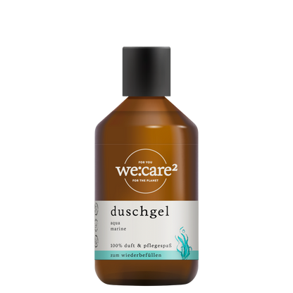 Duschgel Aqua Marine in einer braunen Flasche mit Klappdeckel. 
