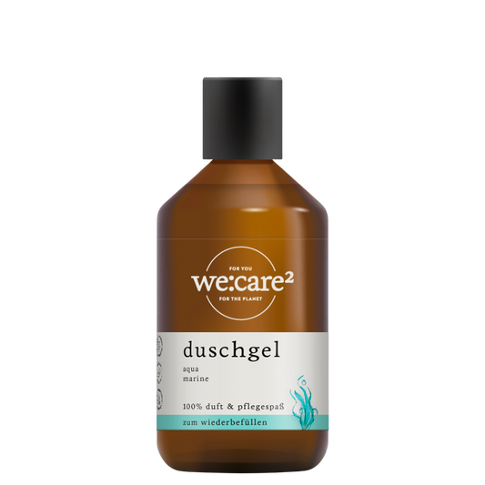 Duschgel Aqua Marine in einer braunen Flasche mit Klappdeckel. 