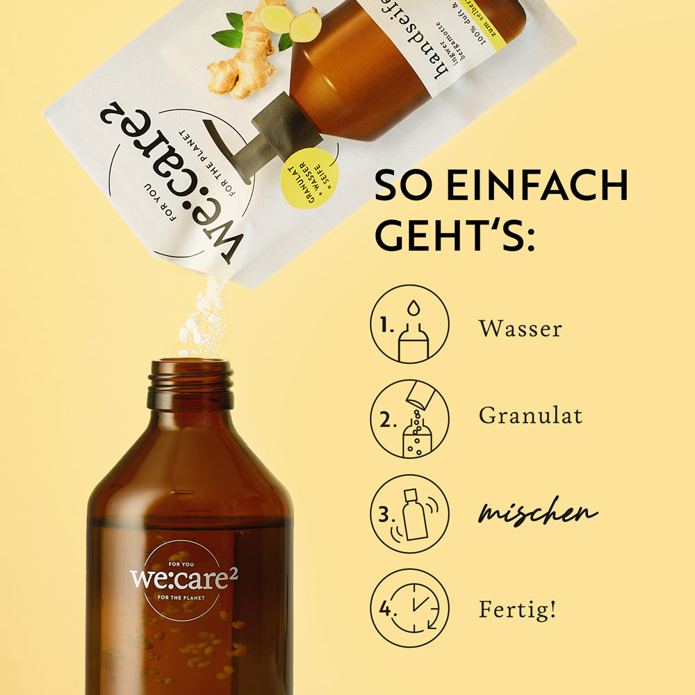 Beschreibung zum Anrühren von Seife mit Glasflasche im Geschenkset. 