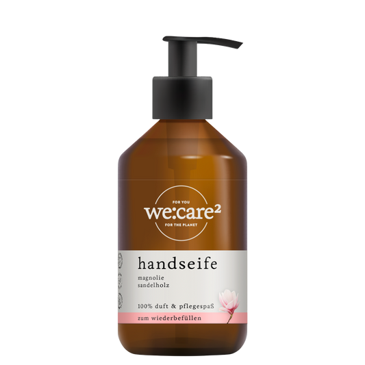 Handseife Magnolie, Sandelholz in einer braunen Pumpflasche. 