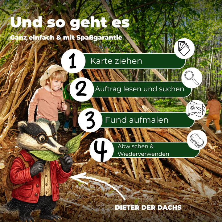 35 Entdeckerkarten für den Wald mit Dieter dem Dachs der Aufgaben stellt. Abwischbare Entdeckerkarten zum Malen und zum Schreiben. Beschreibung wie es geht. 
