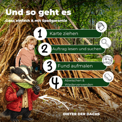35 Entdeckerkarten für den Wald mit Dieter dem Dachs der Aufgaben stellt. Abwischbare Entdeckerkarten zum Malen und zum Schreiben. Beschreibung wie es geht. 