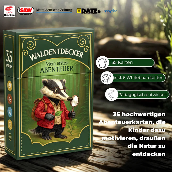 35 Entdeckerkarten für den Wald mit Dieter dem Dachs der Aufgaben stellt. Abwischbare Entdeckerkarten zum Malen und zum Schreiben. Vorstellung der Karten. 