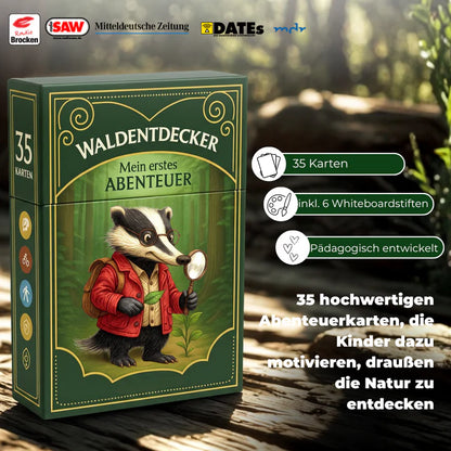 35 Entdeckerkarten für den Wald mit Dieter dem Dachs der Aufgaben stellt. Abwischbare Entdeckerkarten zum Malen und zum Schreiben. Vorstellung der Karten. 