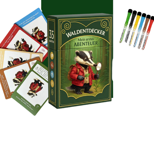 35 Entdeckerkarten für den Wald mit Dieter dem Dachs der Aufgaben stellt. Abwischbare Entdeckerkarten zum Malen und zum Schreiben. Inhaltsangabe. 