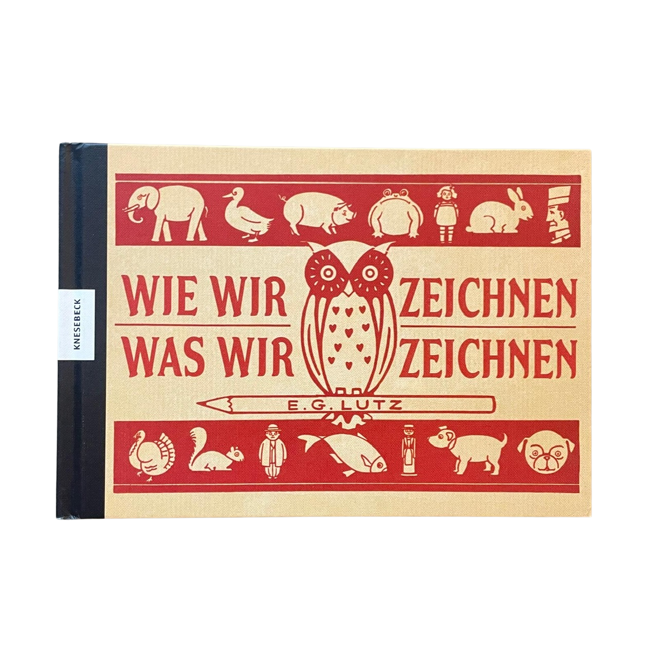 Zeichenlernbuch mit einer großen Eule, sitzend auf einem Stift und oben und untern rote Streifen mit verschiedenen Tieren darauf.
