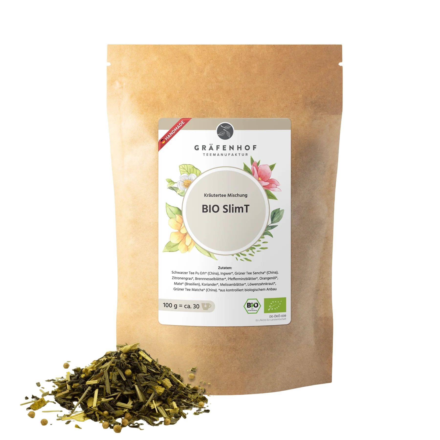 Eine braune Kraftpapier Tüte mit Zip-Verschluss und Kräutertee "SlimT".