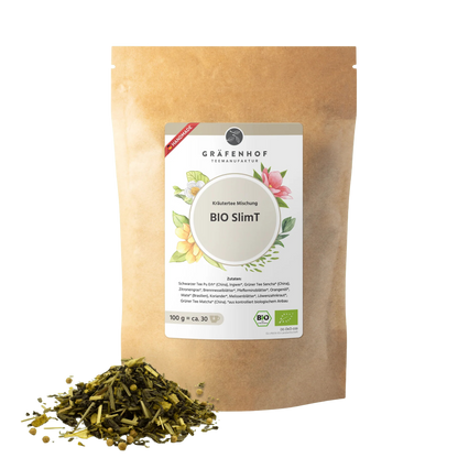 Eine braune Kraftpapier Tüte mit Zip-Verschluss und Kräutertee "SlimT".
