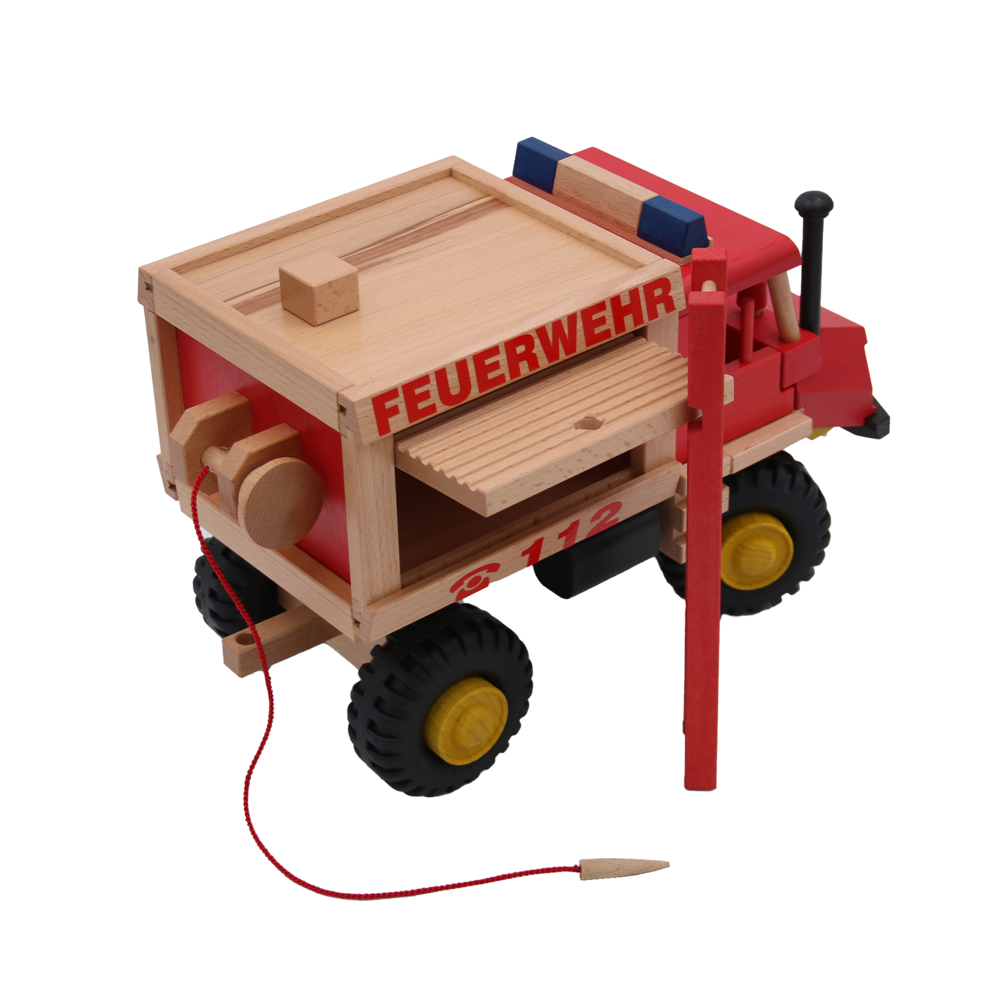 große rote holzfeuerwehr von uniwood mit leiter und wasserschlauch