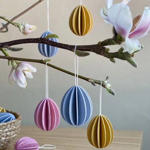 Handicraft set 3D pendant 6 Easter eggs, yellow, blue &amp; pink, birch plywood, height 4.5 cm