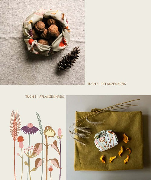 nordic-soul rostock schoenes buntes einpacktuch mit pflanzenkreis aus baumwolle für japanische furoshiki technik für geschenk oder als tischdecke von fientüch
