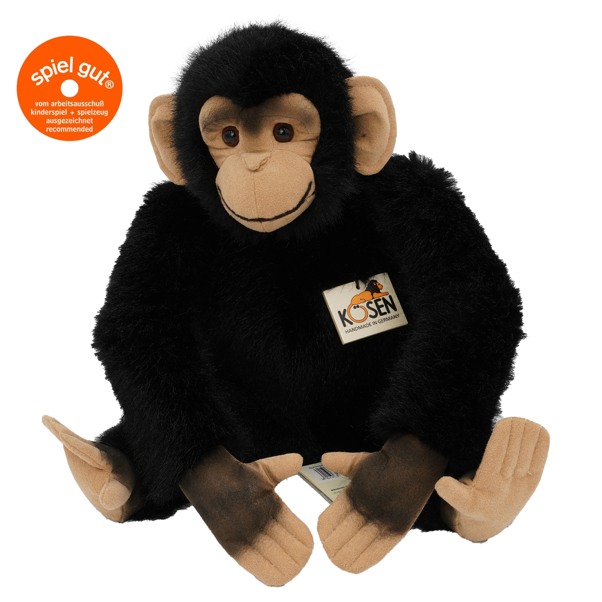Kuscheltier. Schwarzer Schimpanse aus Webfell. Vierzig Zentimeter groß. Handgefertigt in Koesen Spielzeugmanufaktur. 