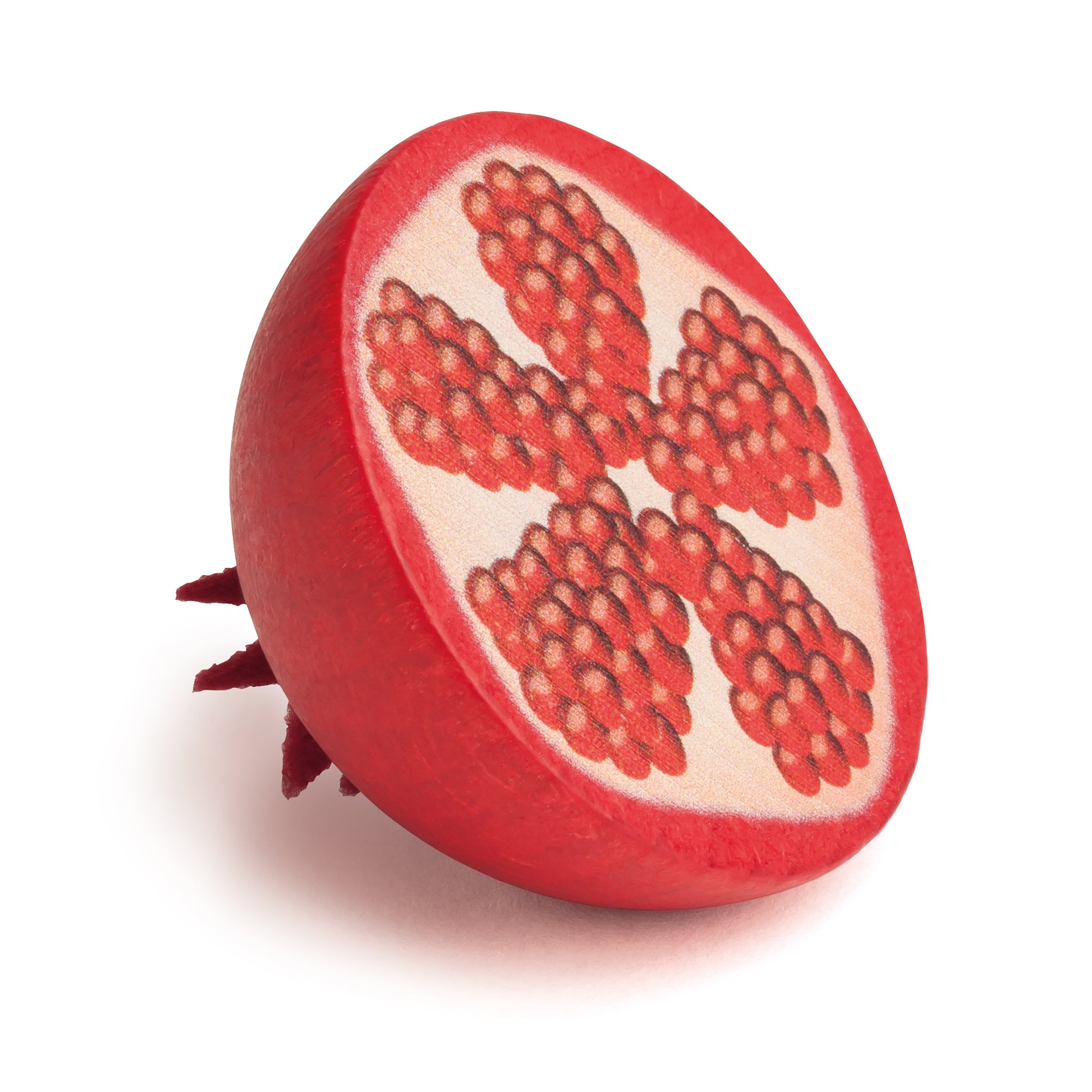 kinder kaufladen roter granatapfle aus holz mit gezeichnetem gehaeuse