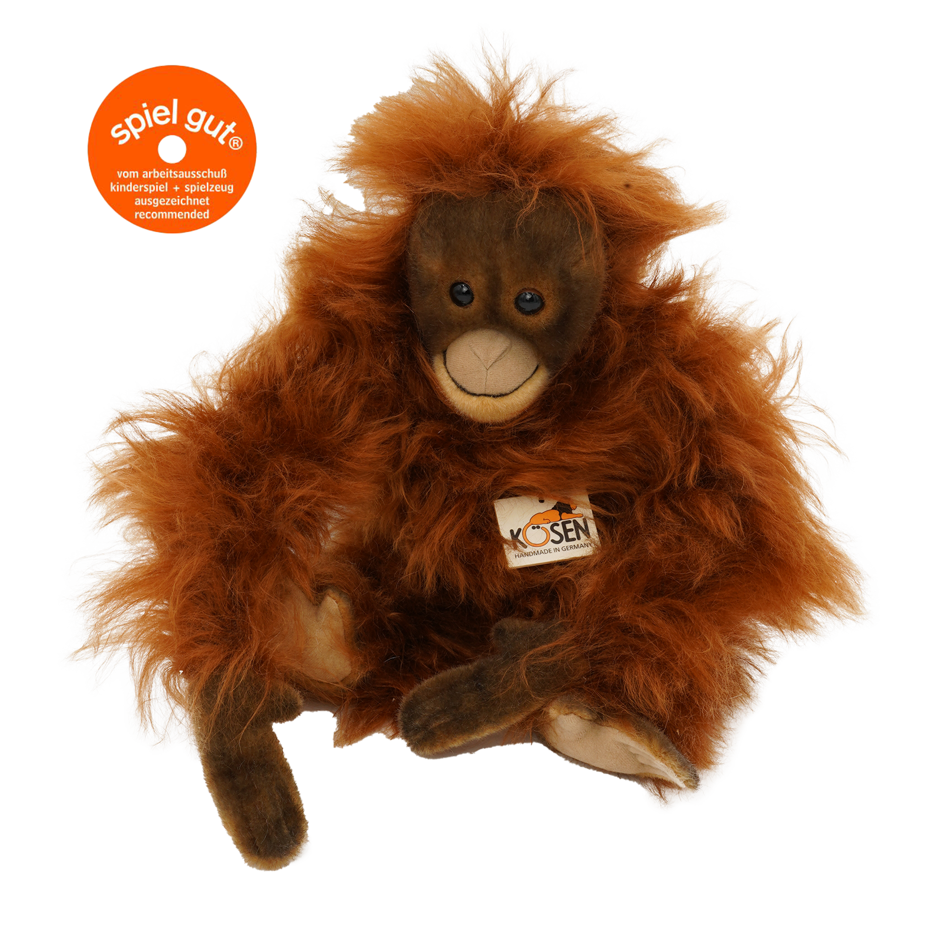 Kuscheltier. Rotbrauner Orang Utan, vierzig Zentimeter groß, aus Mohair. Handgefertigt von Koesen Spielzeugmanufaktur. Kaufen bei nordic soul Shop in Rostock.