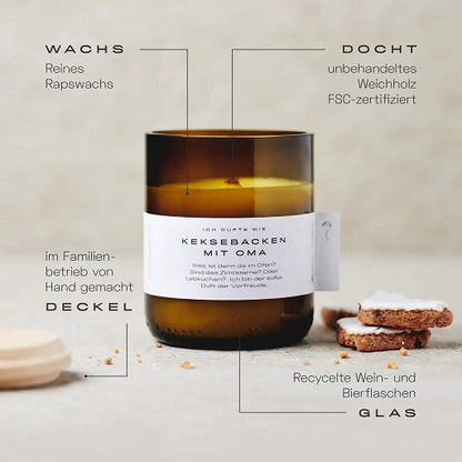 Duftkerze "Keksbacken mit Oma", aus Rapswachs mit Holzdocht im recycelten Altglas, 200 ml