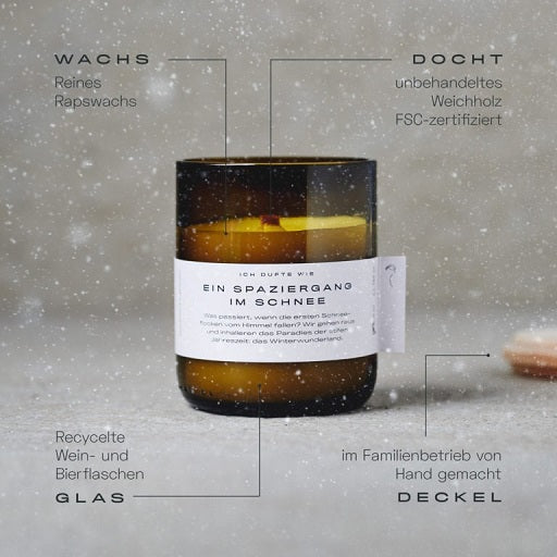 Duftkerze "Ein Spaziergang im Schnee", aus Rapswachs mit Holzdocht im recycelten Altglas, 200 ml