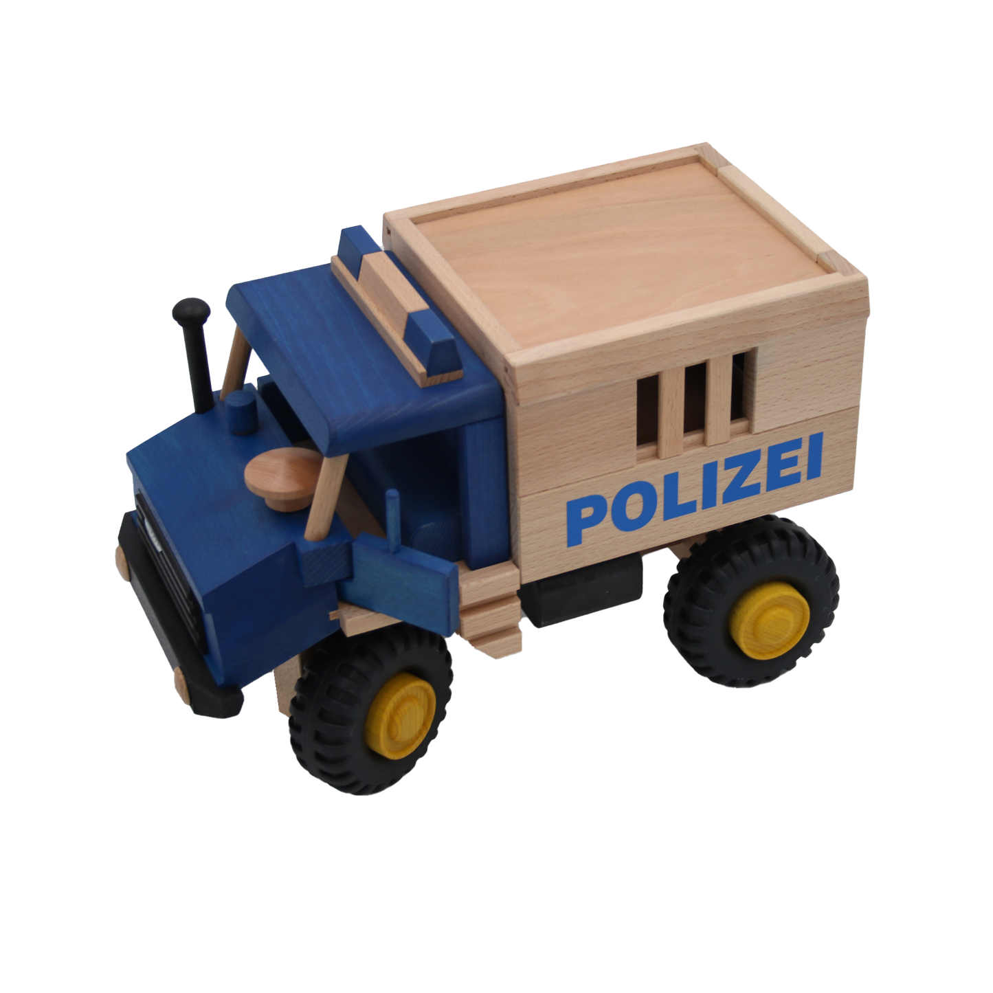 großes blaues polizeiauto aus buchenholz mit gefaengniszelle