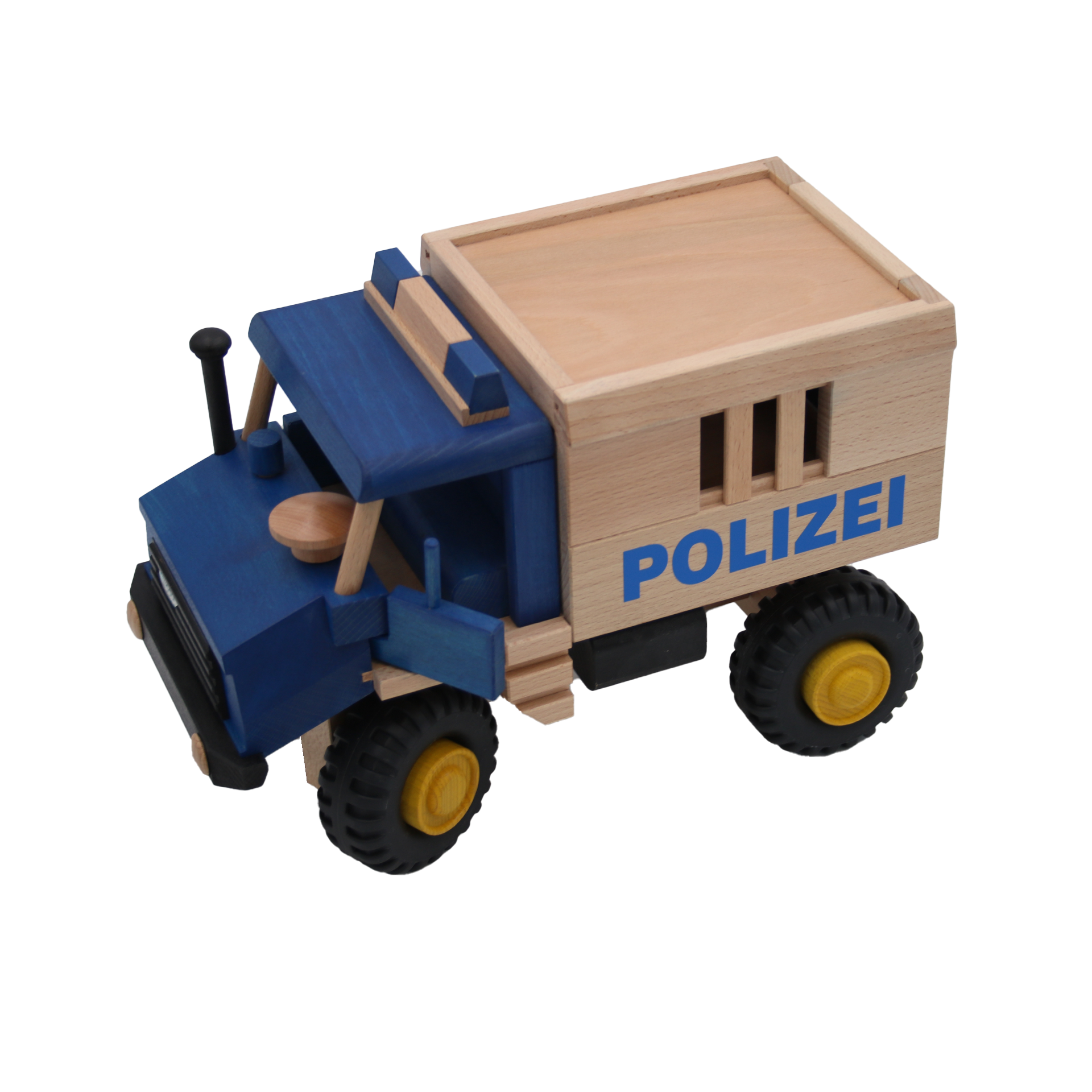 großes blaues polizeiauto aus buchenholz mit gefaengniszelle