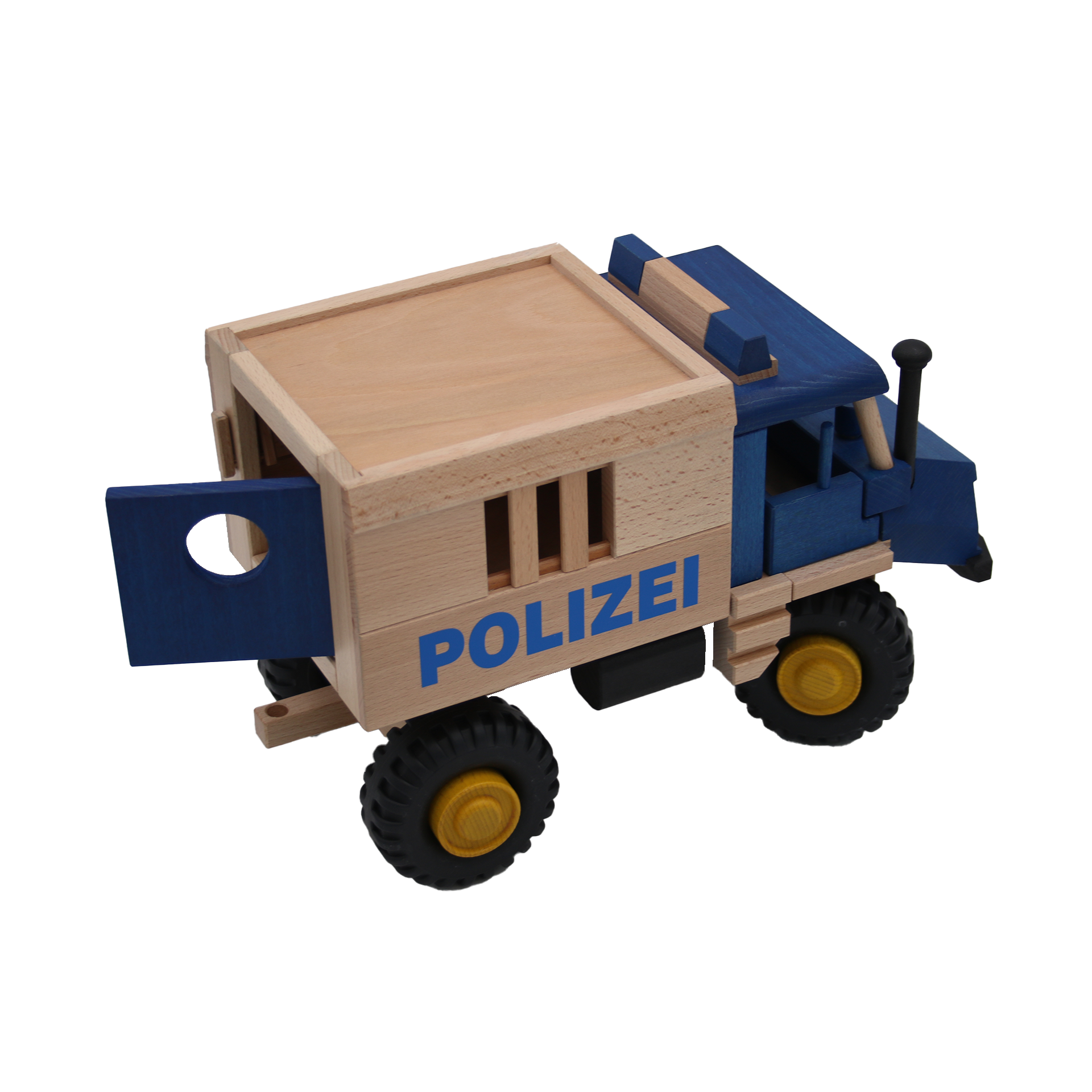 großes blaues polizeiauto aus buchenholz mit gefaengniszelle und offenen tueren