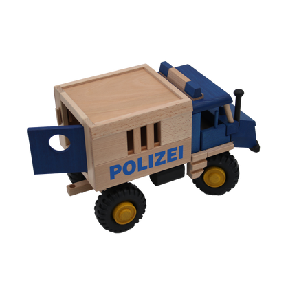 großes blaues polizeiauto aus buchenholz mit gefaengniszelle und offenen tueren